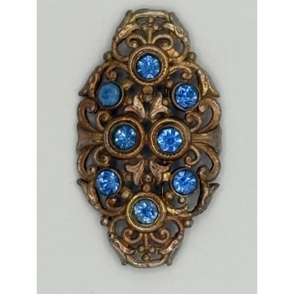 Antique Victorian Gilded Brass  Blue‎ Glass Pin Brooch C-clasp